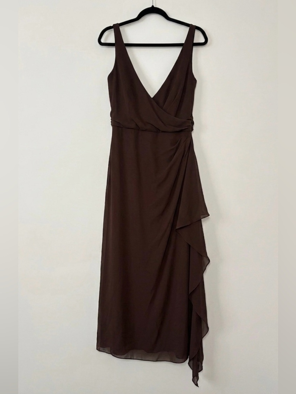 After Six Espresso Brown Asymmetrical Ruffle Chiffon Wedding Guest Dress Size 14